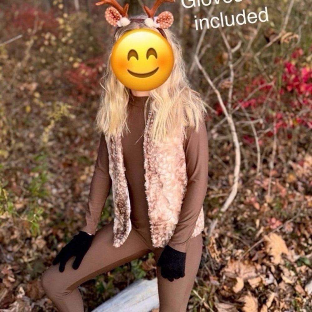 Deer Halloween Costume. Complete w/Fur Vest, Antlers; Bodysuit. Kids Large.